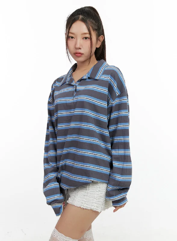 Weekend Discounts to Indulge In Stripe Buttoned Collar TShirt CN412