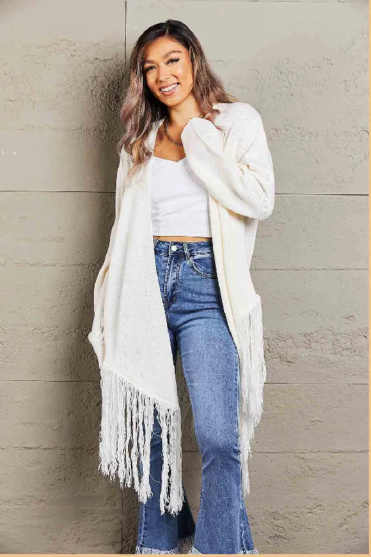 Discount Extravaganza Fringe Hem Open Front Ribbed Trim Cardigan