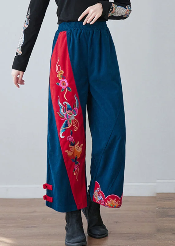 Savings Event Casual Navy Embroideried Floral Pockets Elastic Waist Crop Pants Fall