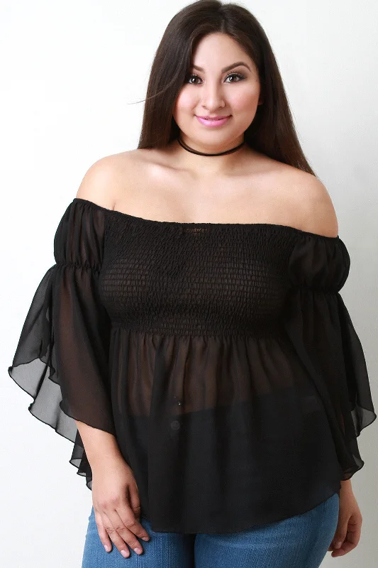 Early Access Off The Shoulder Chiffon Long Sleeve Top