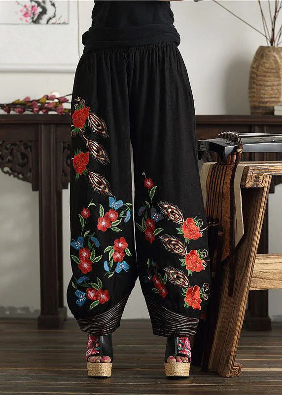 Super Sale Bohemian Black Embroideried Elastic Waist Pockets Cotton Lantern Pants Spring
