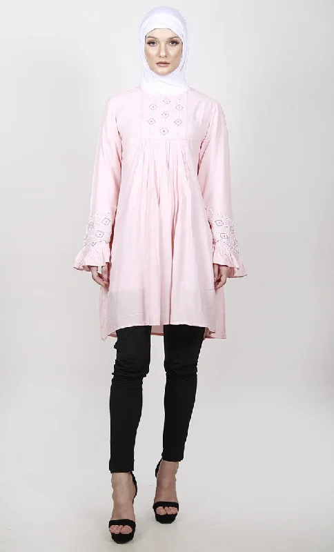 Extra Savings Feminine Pink Embroidered Tunic With Ruffled Sleeves