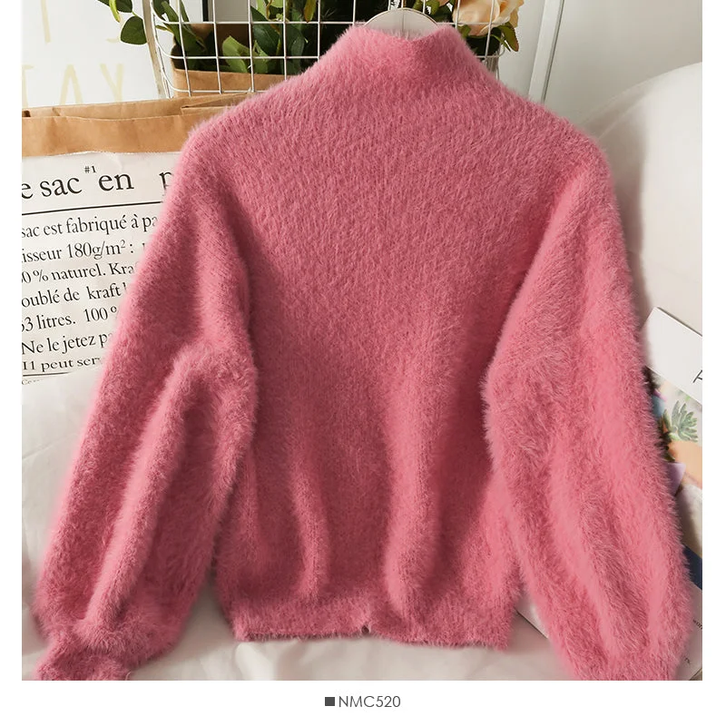 Mega Sale Sweater female Plush high neck slim fit solid color versatile long sleeve top  1764