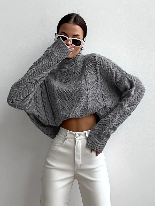 Midnight Madness Cable Knit Graceful Turtleneck Oversized Sweater