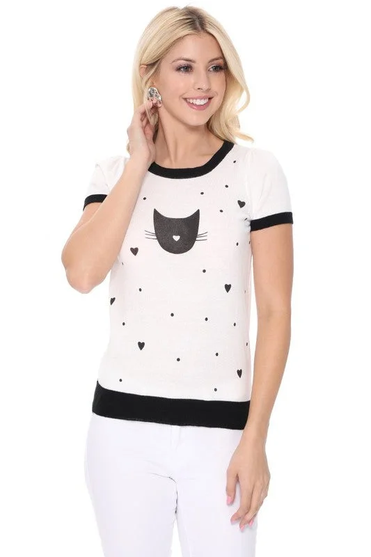 Weekend Bargains to Enjoy Kitty Cat Face Short Sleeve Summer Sweater Top