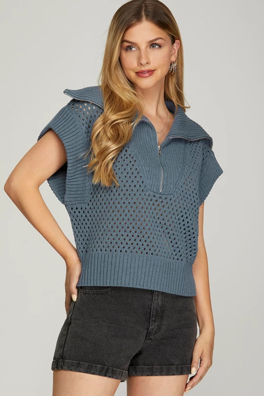 Overstock Sale Dusty Blue Quarter Zip Top