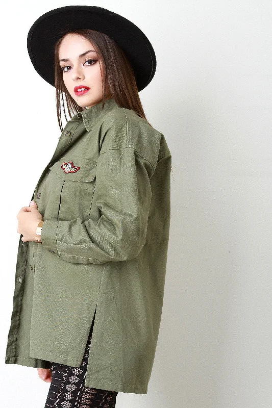 Weekend Discounts Worth Grabbing Patched Military Pocketed Denim Jacket