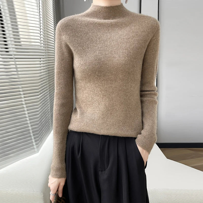 Steal Deal Merino Women's Half-Neck Pullover Slim Knit Bottoming Long Sleeve Cashmere Sweater