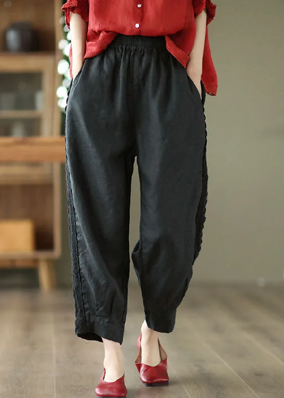 Act Now Chic Black Elastic Waist Patchwork Lace Linen Harem Pants Spring