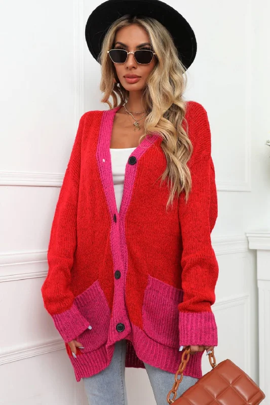 Fantastic Offers Angel Wings Contrast Detail Button-Up Cardigan with Pockets