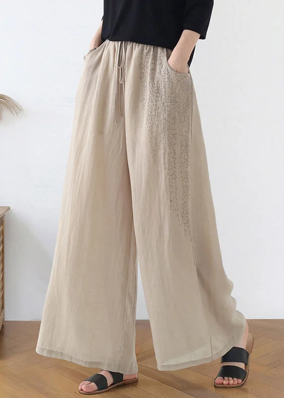 Today's Special Bohemian Apricot Embroideried Pockets Linen Wide Leg Pants Fall