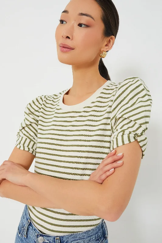 Weekend Specials to Indulge In Olive Striped Vesty Puff Short Sleeve Crewneck