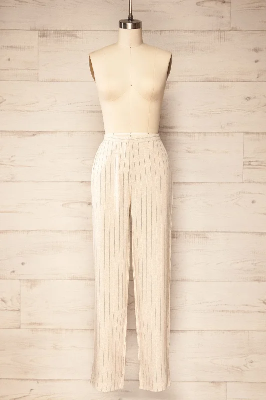 New Arrival Juneau | Beige Striped Linen Pants