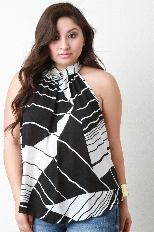 Cash Savings Modern Print Mock Neck Sleeveless Top
