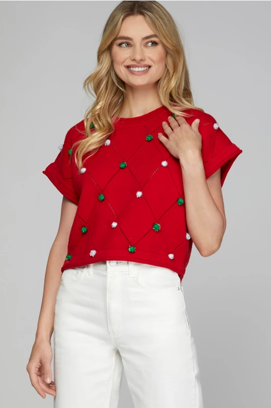Limited Stock Christmas Pom Pom Sweater in Red