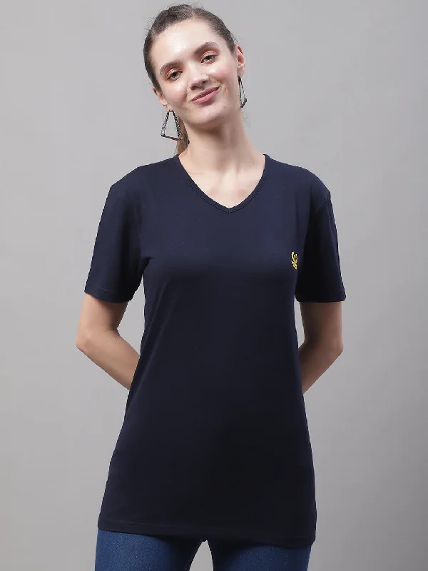 YEAR-End Clearance Vimal Jonney V Neck Cotton Solid Navy Blue T-Shirt for Women