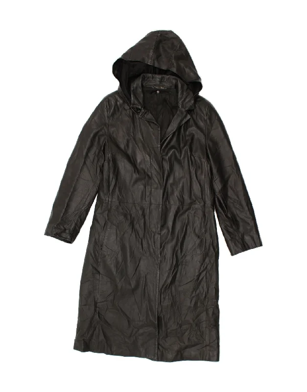 Overstock Clearance VINTAGE Womens Hooded Leather Coat IT 50 XL Black Leather