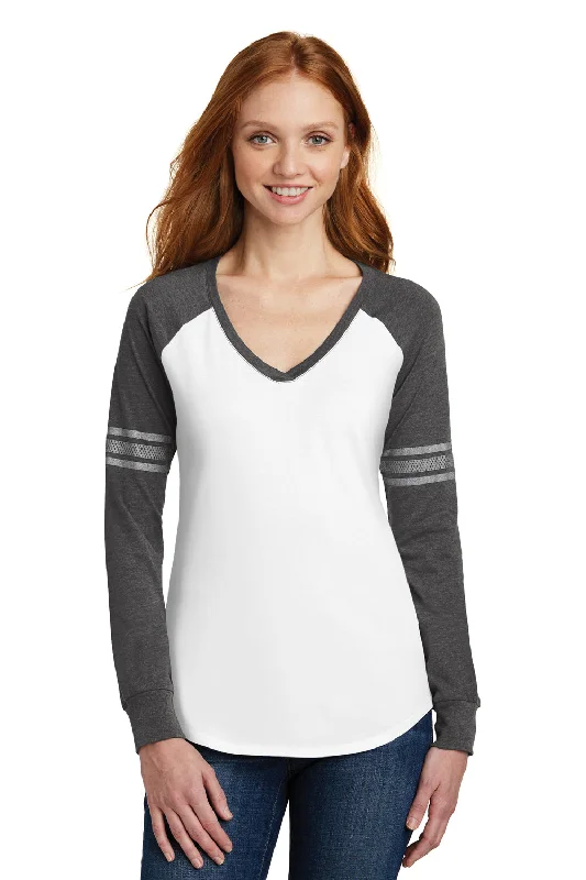 Deal Mania District Womens Game Long Sleeve V-Neck T-Shirt - White/Heather Charcoal Grey/Silver Grey - Closeout Deal Mania District Womens Game Long Sleeve V-Neck T-Shirt - White/Heather Charcoal Grey/Silver Grey - Closeout