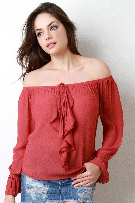 Year-End Sale Off The Shoulder Self-Tie Ruffle Top