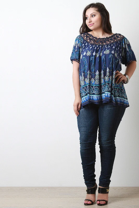 Extra Savings Paisley Print Crochet Panel Short Sleeve Top