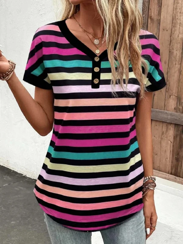 Weekend Deal Striped V-Neck Short Sleeve T-Shirt