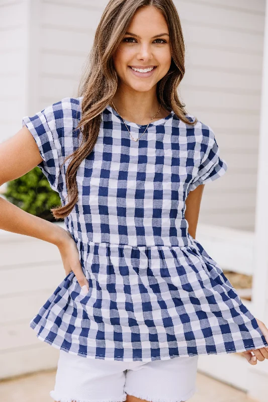 Price Cut On Your Way Navy Blue Gingham Top