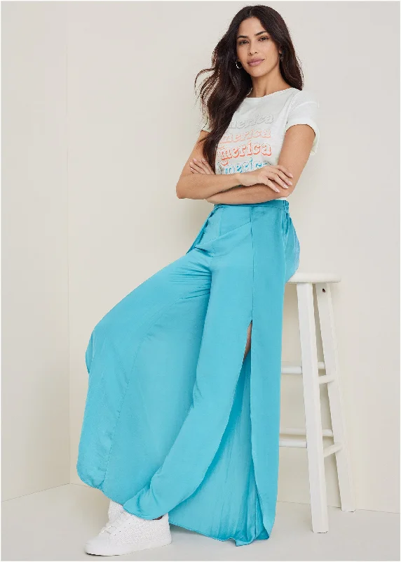 Huge Discounts Tulip Hem Wide Leg Pants  - Blue