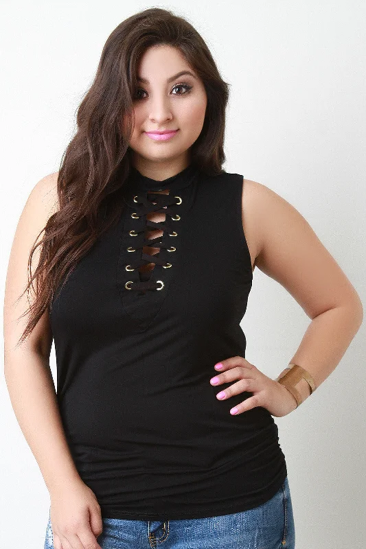 Best Bargains Mock Neck Corset Lace Up Sleeveless Top