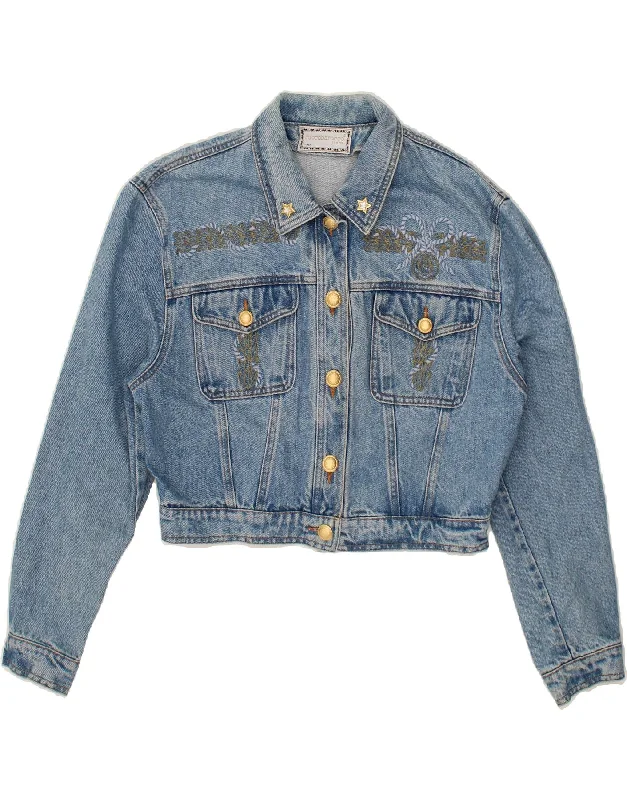 Weekend Deals to Brighten Your Day ROCCOBAROCCO Womens Graphic Crop Denim Jacket IT 46 Large Blue Cotton