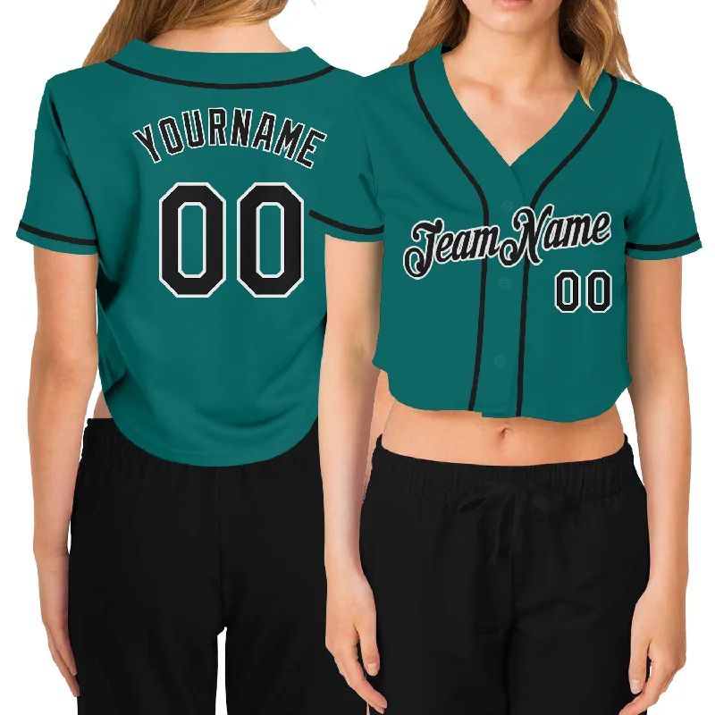 Value Deals Custom Women's Aqua Black-White V-Neck Cropped Baseball Jersey
