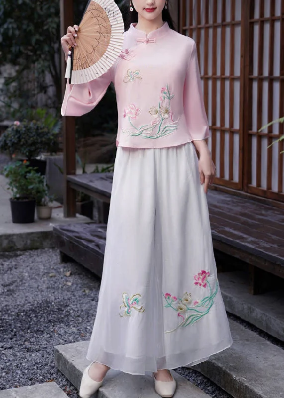 Holiday Sale Casual White Elastic Waist Embroideried Chiffon Wide Leg Pants Spring