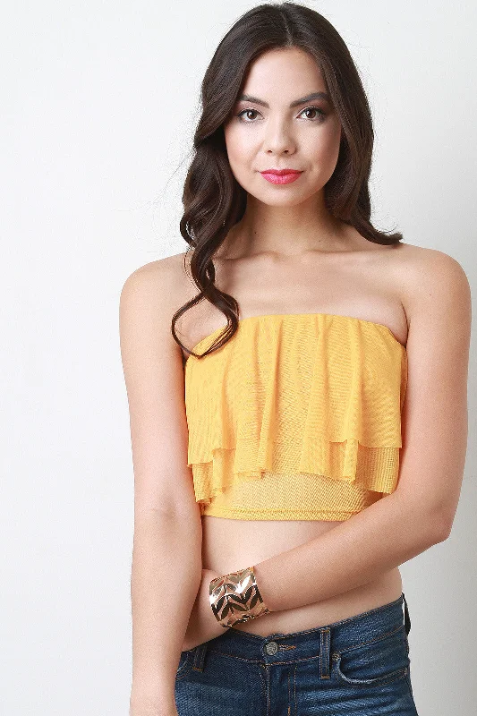 Hurry In Tiered Ruffle Chiffon Strapless Crop Top