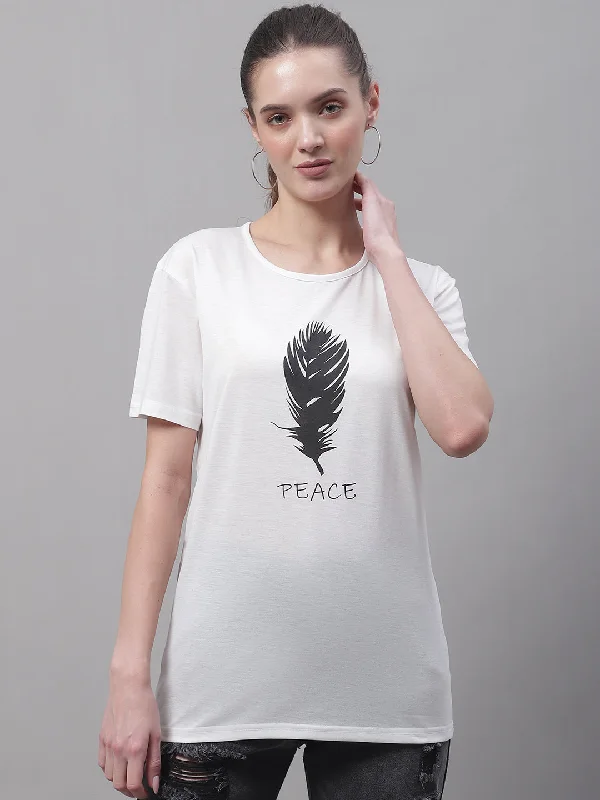Bargain Bin Vimal Jonney Round Neck Cotton Printed White T-Shirt for Women