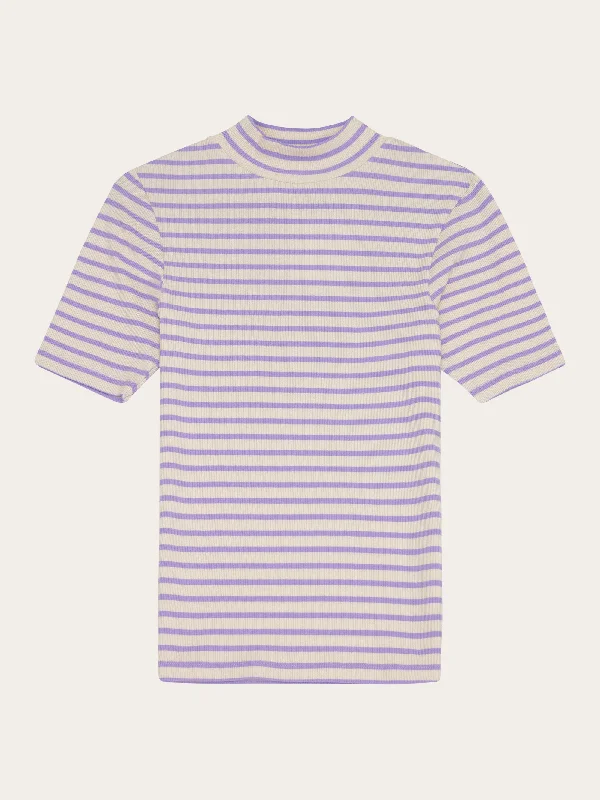 Online Deal Striped rib high neck short sleeved - Purple stripe