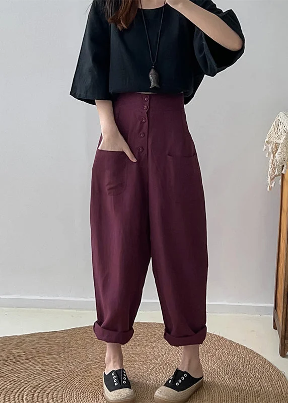 Unbeatable Deal Casual Purple High Waist Button Down Cotton Pants Trousers Fall