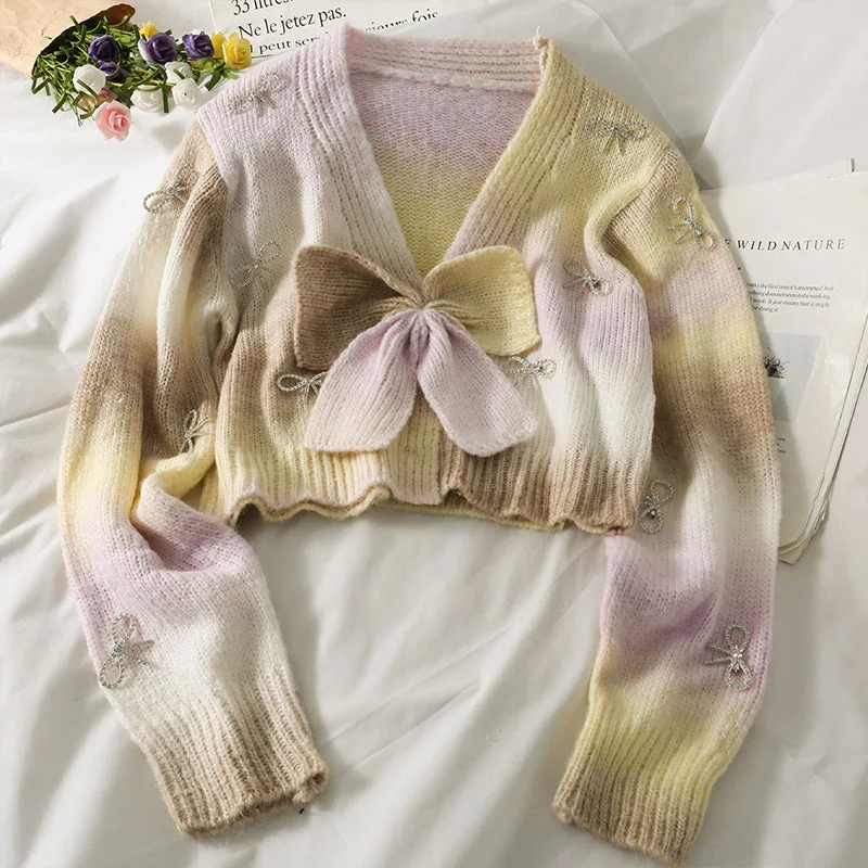 Markdown Madness Sweet wind gradient color matching bow contrast short sweater  1783