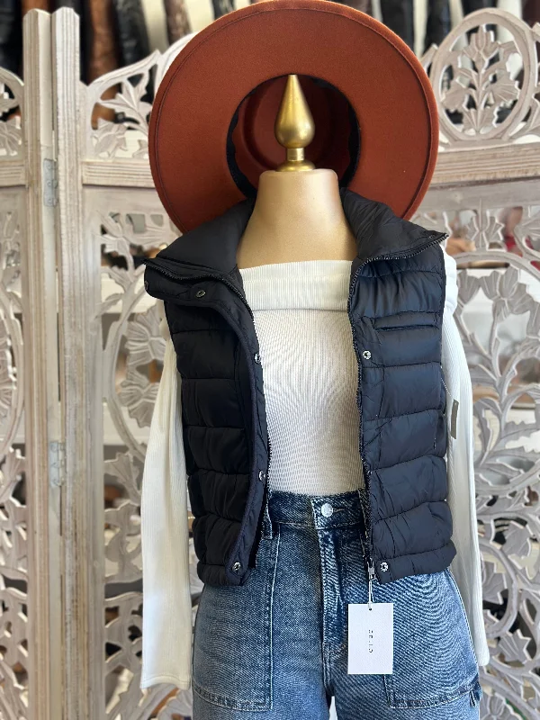 Best Seller Black Cropped Zip Up Puffer Vest- Stretchy