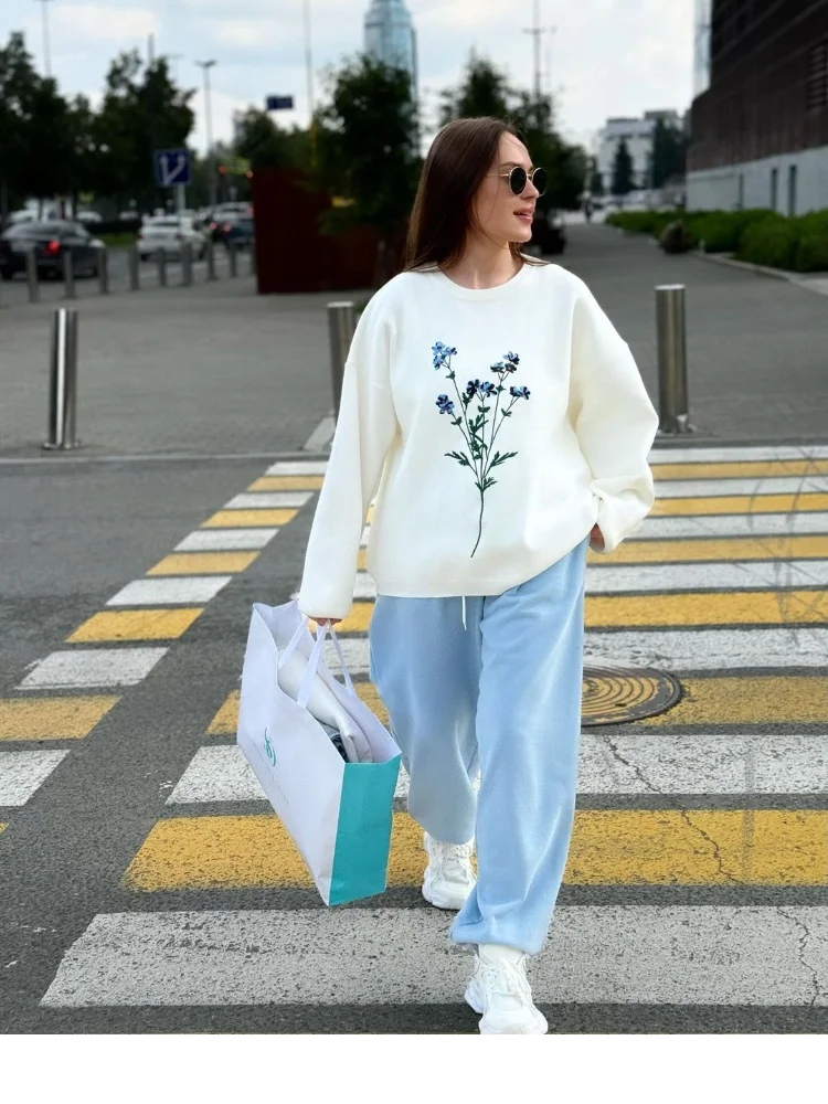 Discount Days Women's Flower Print Knitted Casual Round Neck Long Sleeve Loose Sweater