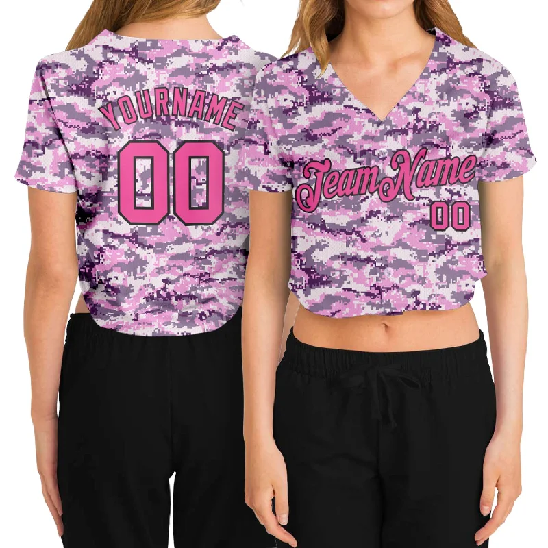 Buy Now Custom Women's Camo Pink-Black Salute To Service 3D V-Neck Cropped Baseball Jersey