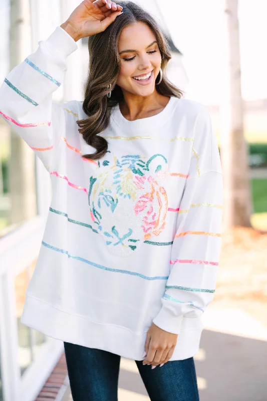 Now or Never Who You Want To Be White Sequin Tiger Pullover