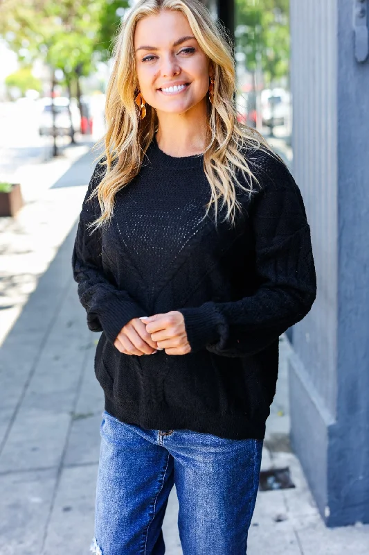 Weekend Specials to Savor The Perfect Find Black Cable Knit Pointelle Crew Neck Sweater