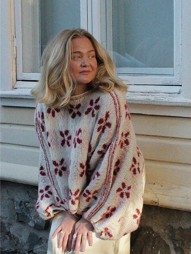 Take Advantage Elegant Flower Print Round Neck Women's Loose Long Lantern Sleeve Sweater