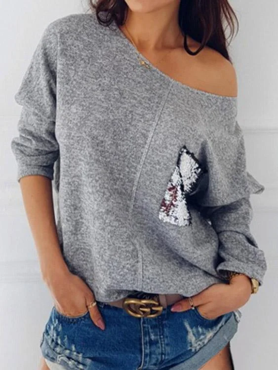 Huge Discounts Custom One Shoulder Sequins Embellished Long Sleeve Grey T-Shirts
