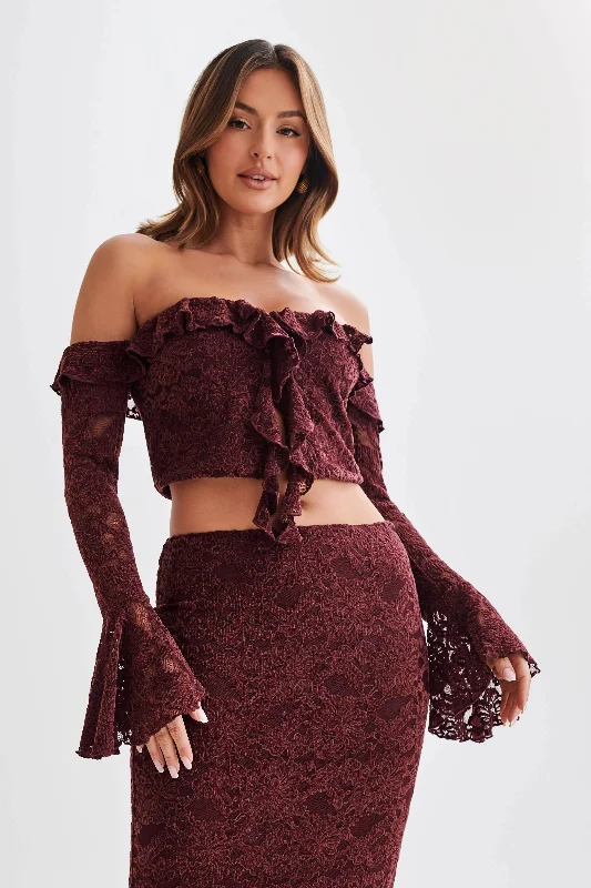 Super Savings Artemis Lace Plisse Off Shoulder Top - Plum