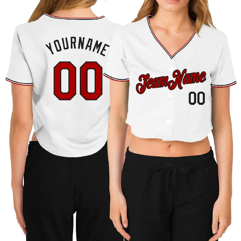 Holiday Sale Custom Women's White Red-Black V-Neck Cropped Baseball Jersey