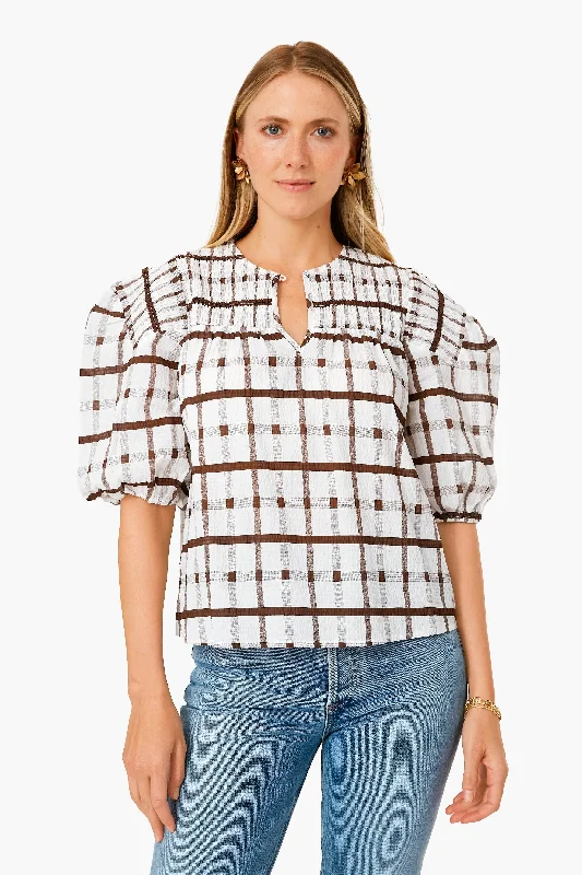 Best Seller Brown Grid Print Puff Sleeve Woven Top