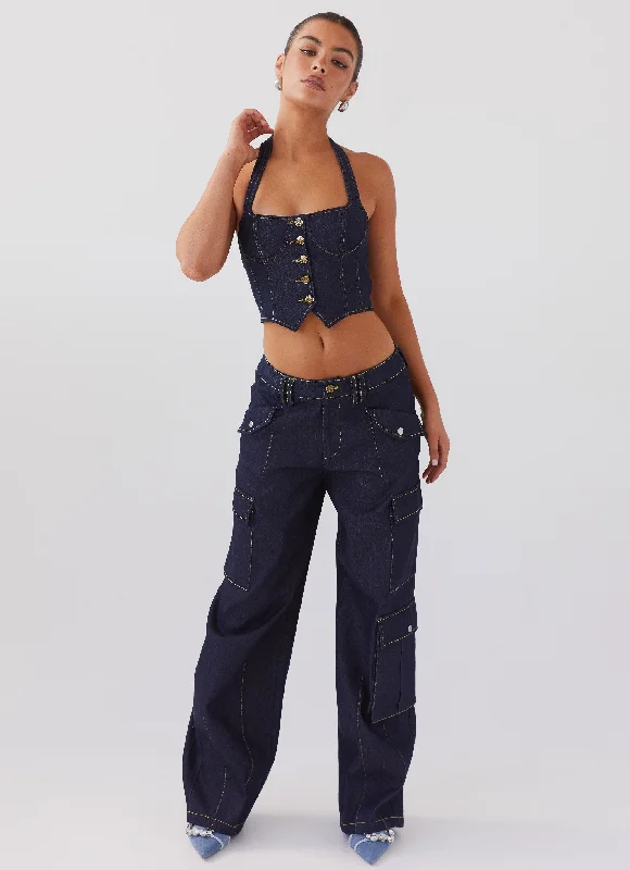 Massive Deals Greedy Denim Cargo Pants - Indigo