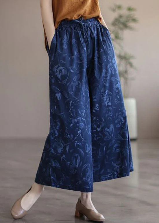 Stock Up Boutique Navy Print Pockets Patchwork Cotton Wide Leg Pants Summer