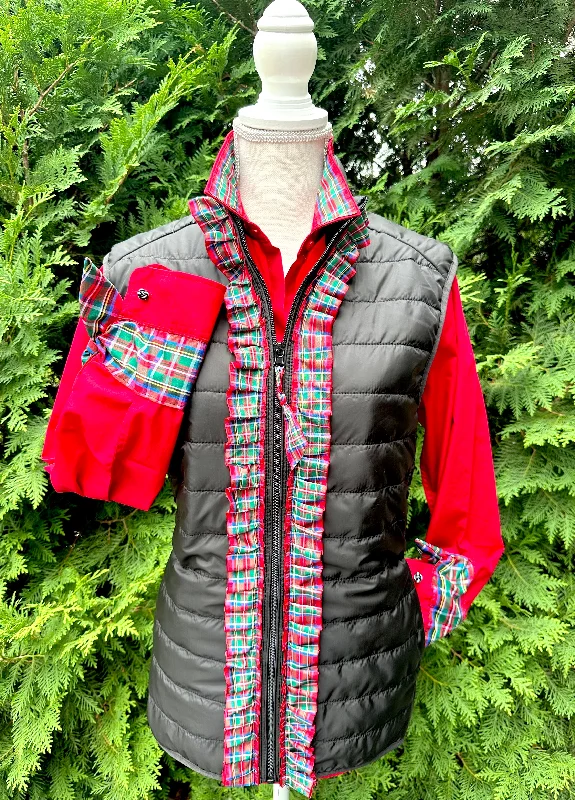 Low Cost Maggie May Ruffled Ribbon Puffer Vest Black w Red Plaid (PF32)