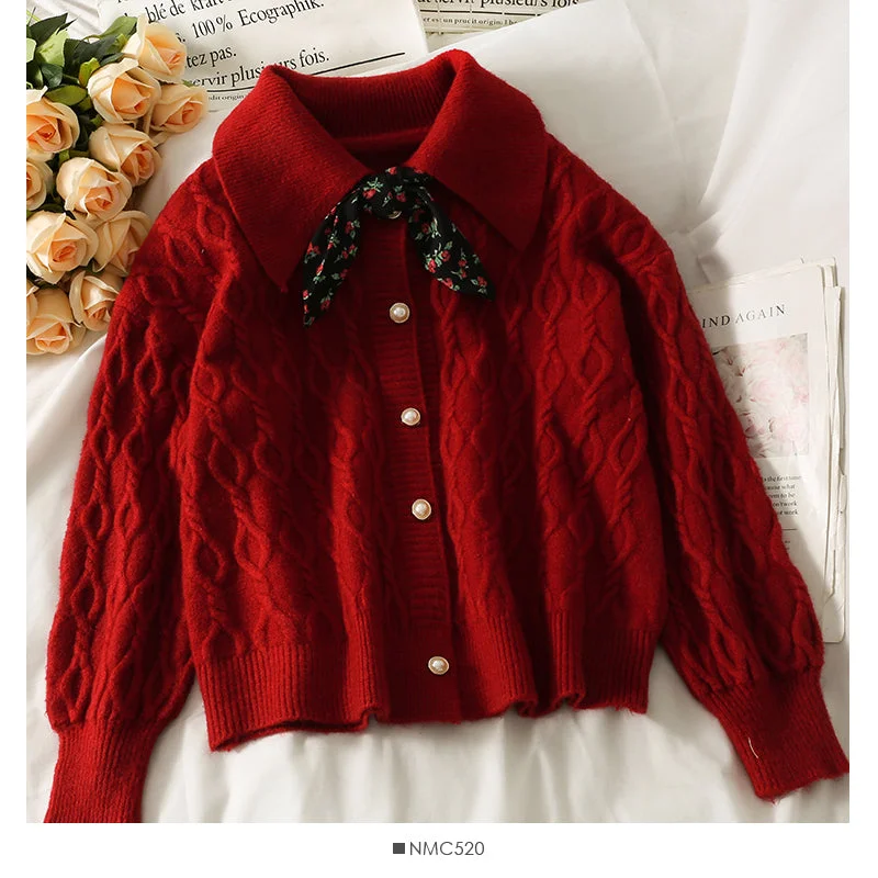 Buy Now Sweater female autumn dress broken flower BOW TIE LAPEL  1792